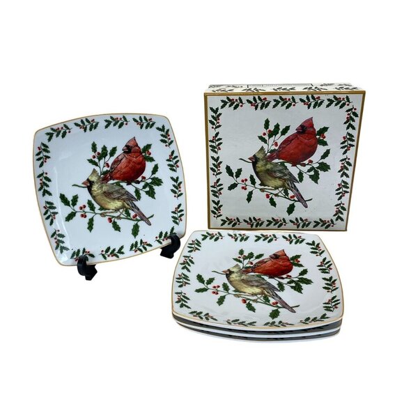 Livingquarters Set Of 4 Square Holiday Cardinal Plates 8.5" Microwave & Dishwash - Picture 1 of 6